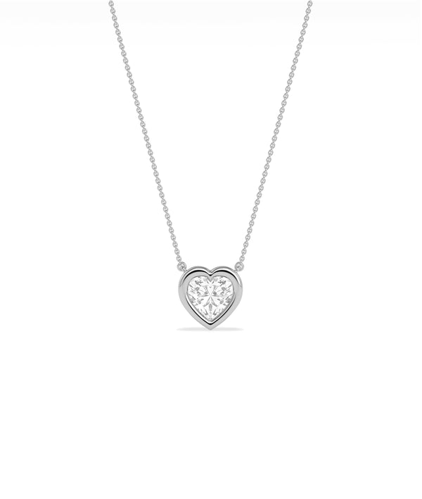 Bubble bezel heart solitaire diamond necklace in 14K white gold alternate view