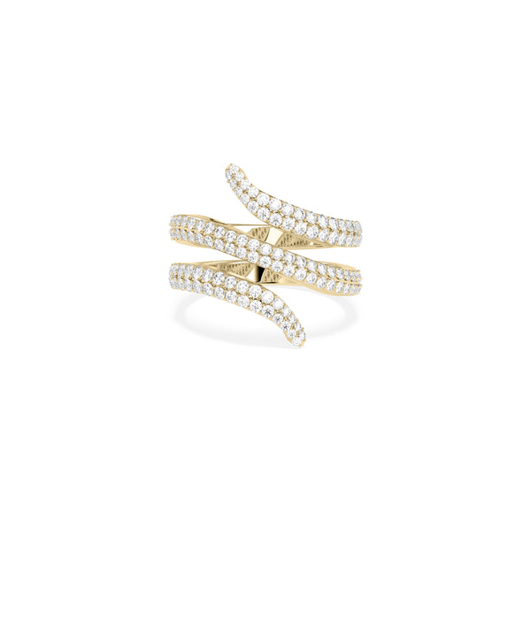 Coil pave diamond bypass ring in 14K yellow gold