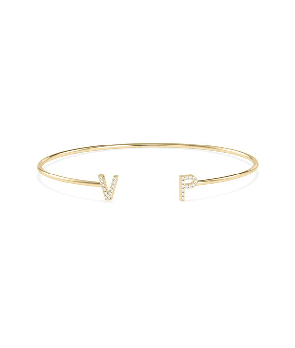 Diamond initials open cuff bracelet in 14K yellow solid gold