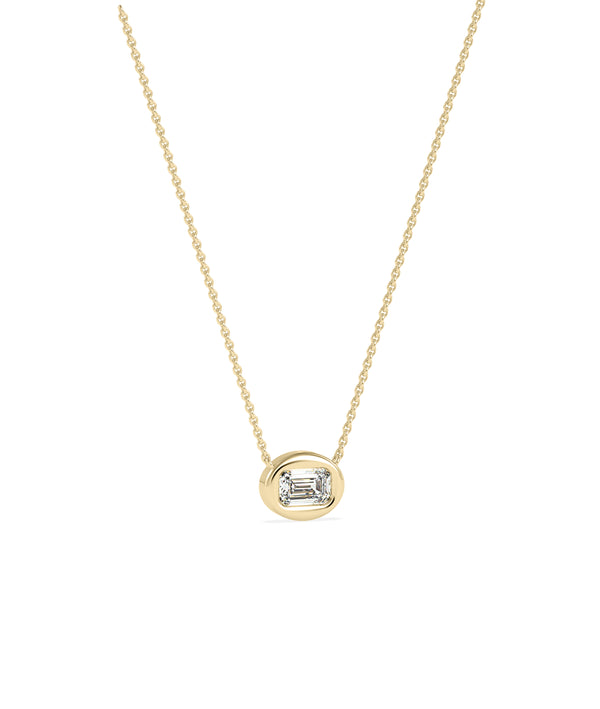 Emerald cut diamond bubble solitaire necklace in yellow gold side view alternate view