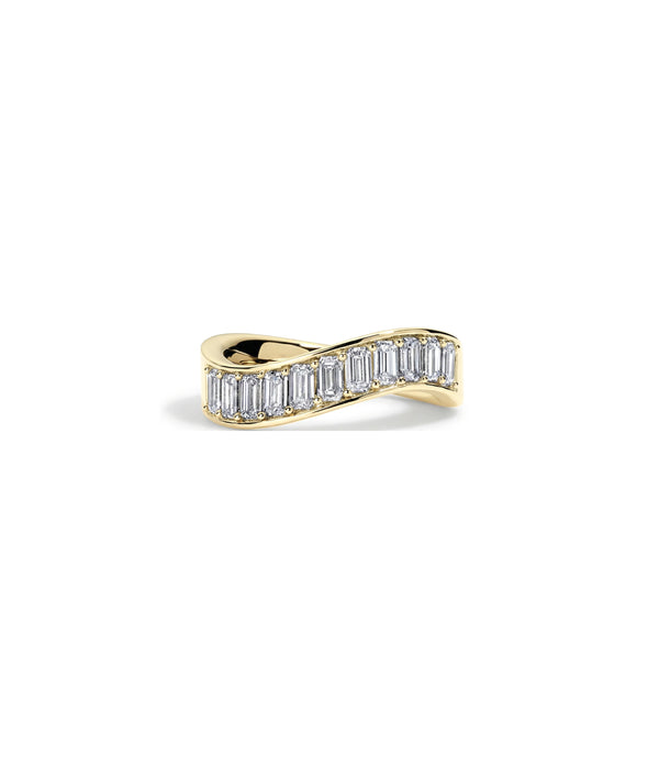 Yellow gold crossover band ring set with emerald-cut diamonds in a sweeping channel setting