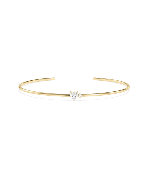 Heart solitaire accent cuff bangle in 14K solid yellow gold