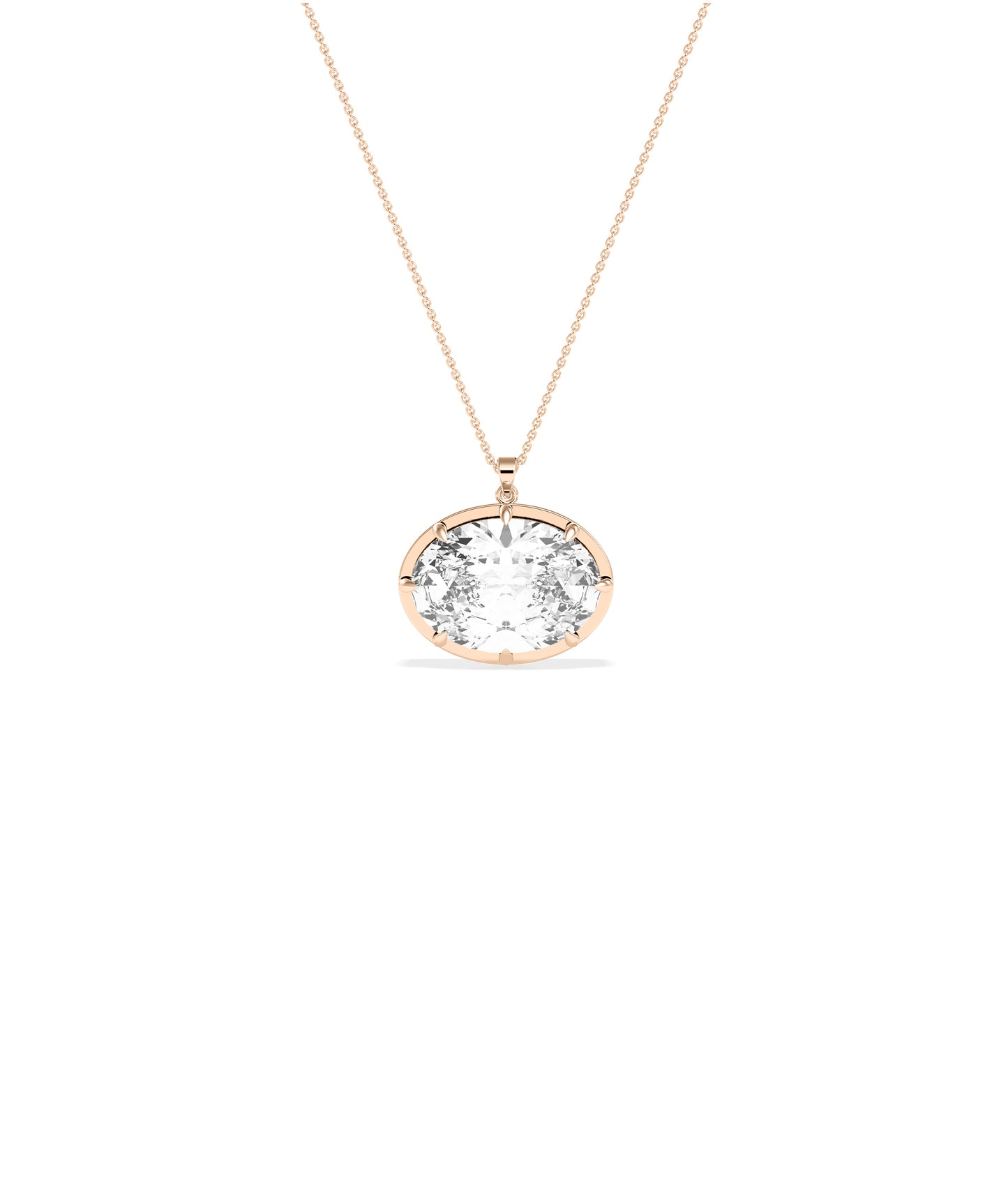 Large oval diamond pendant on a delicate rose gold chain with prong setting