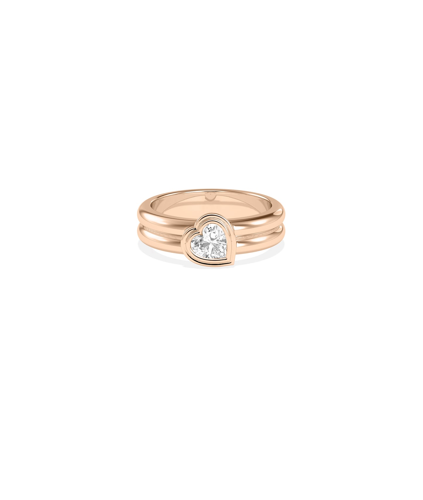 Rose gold double-band ring with bezel-set heart-shaped diamond solitaire centerstone