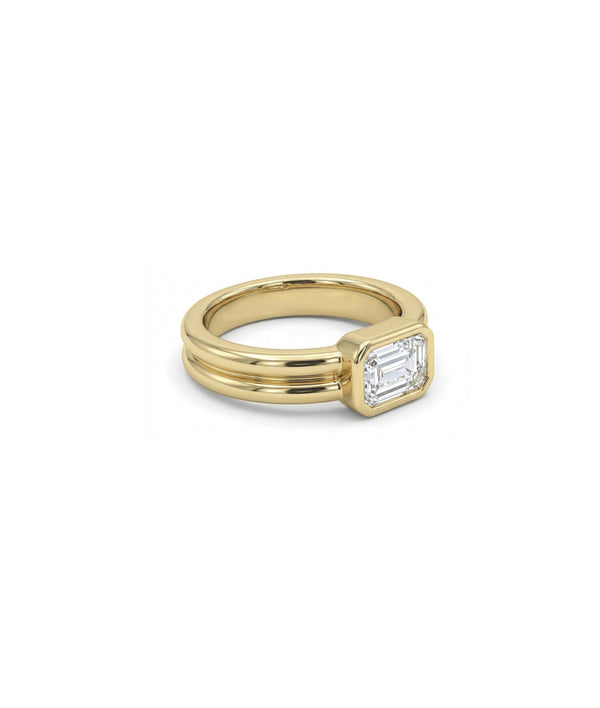 Solitaire bezel double band ring in 14K yellow gold side profile view alternate view