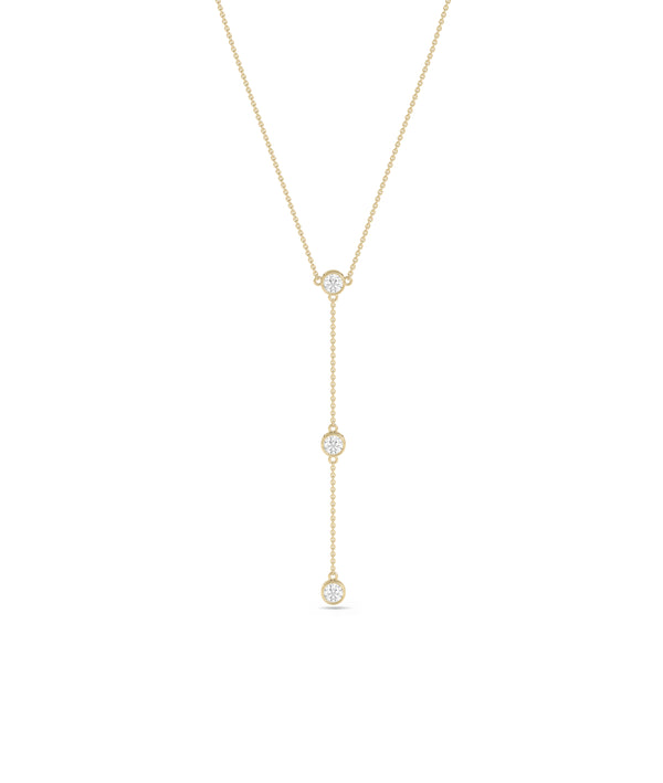 Three diamond solitaire dangle necklace in 14K solid yellow gold
