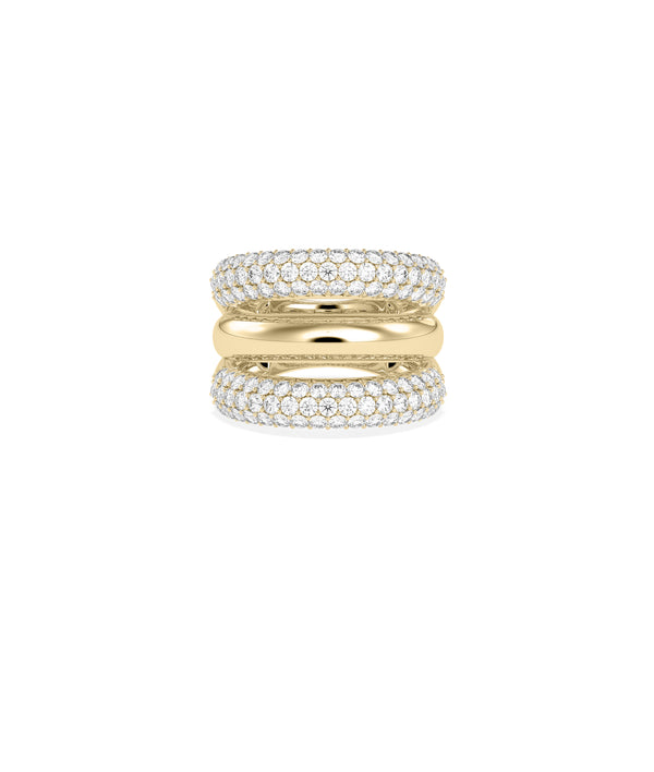 Triple row diamond band ring in 14K solid yellow gold