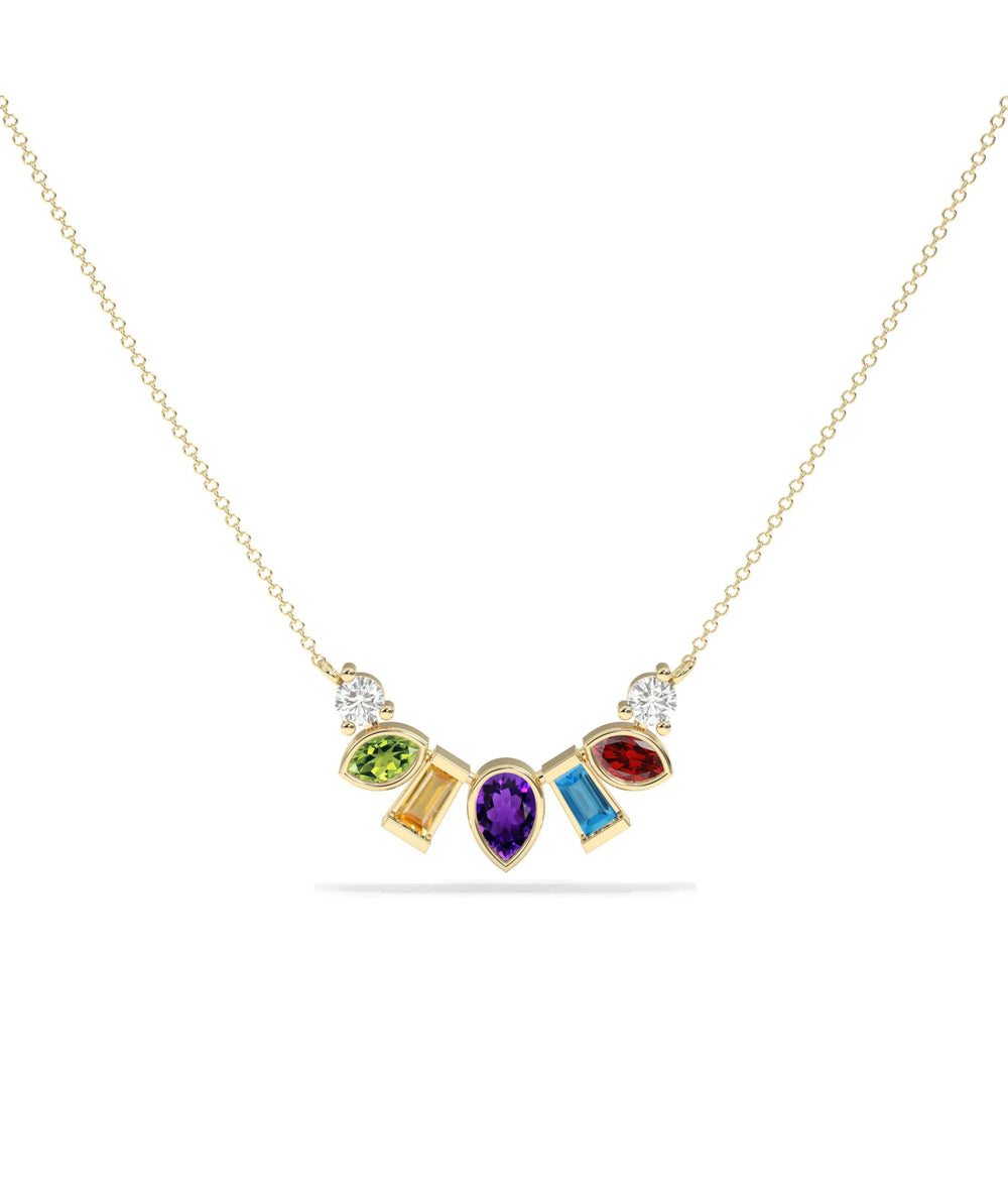 Multi Shape Gemstone Smile Necklace with rainbow gemstones in smile curve