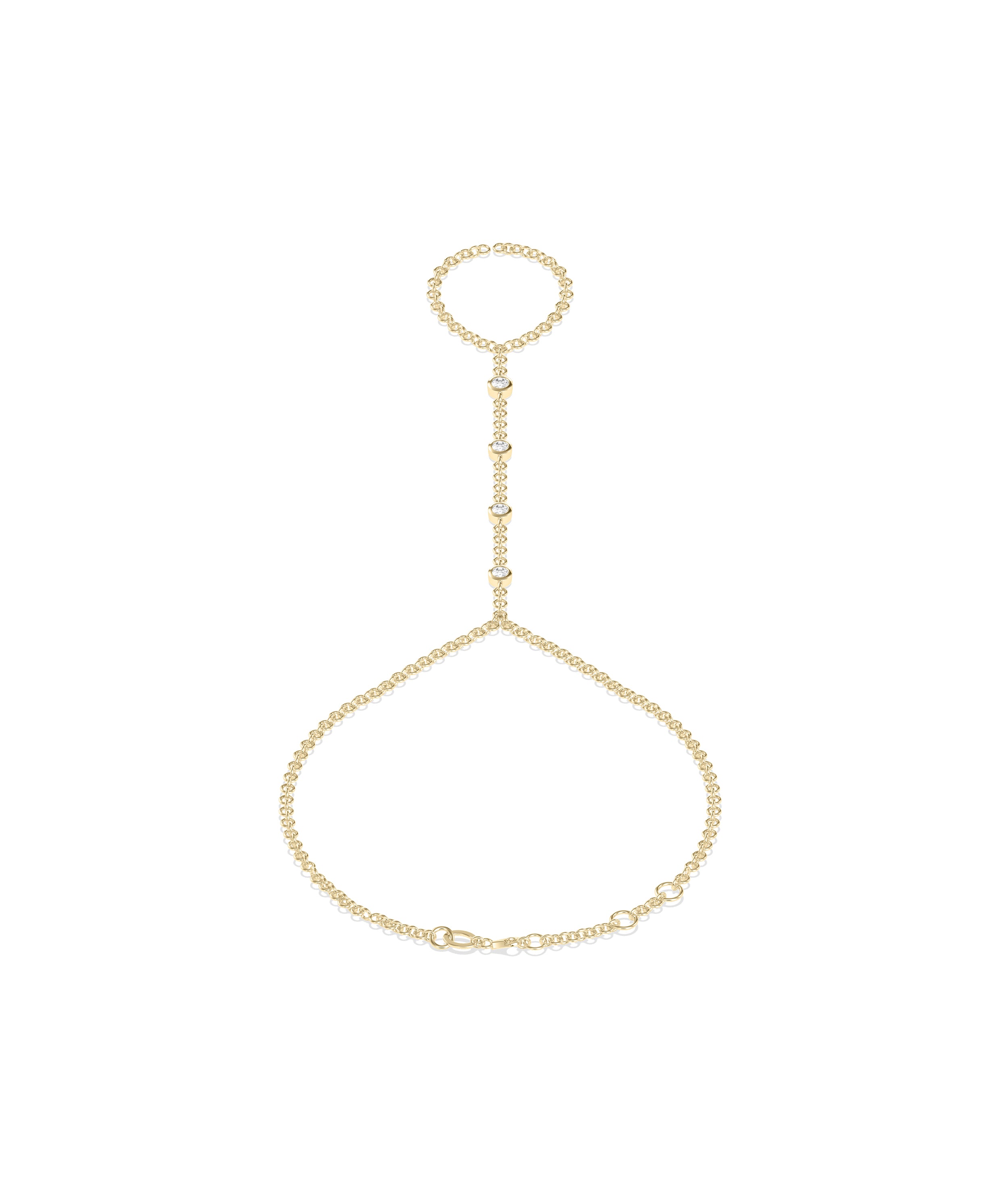 14k yellow gold hand chain with bezel-set diamonds connecting a finger ring to a wrist bracelet