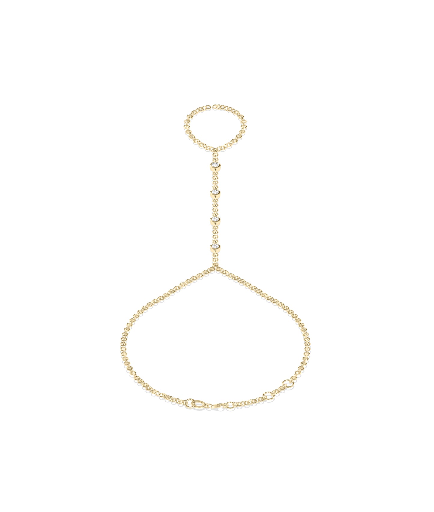 14k yellow gold hand chain with bezel-set diamonds connecting a finger ring to a wrist bracelet