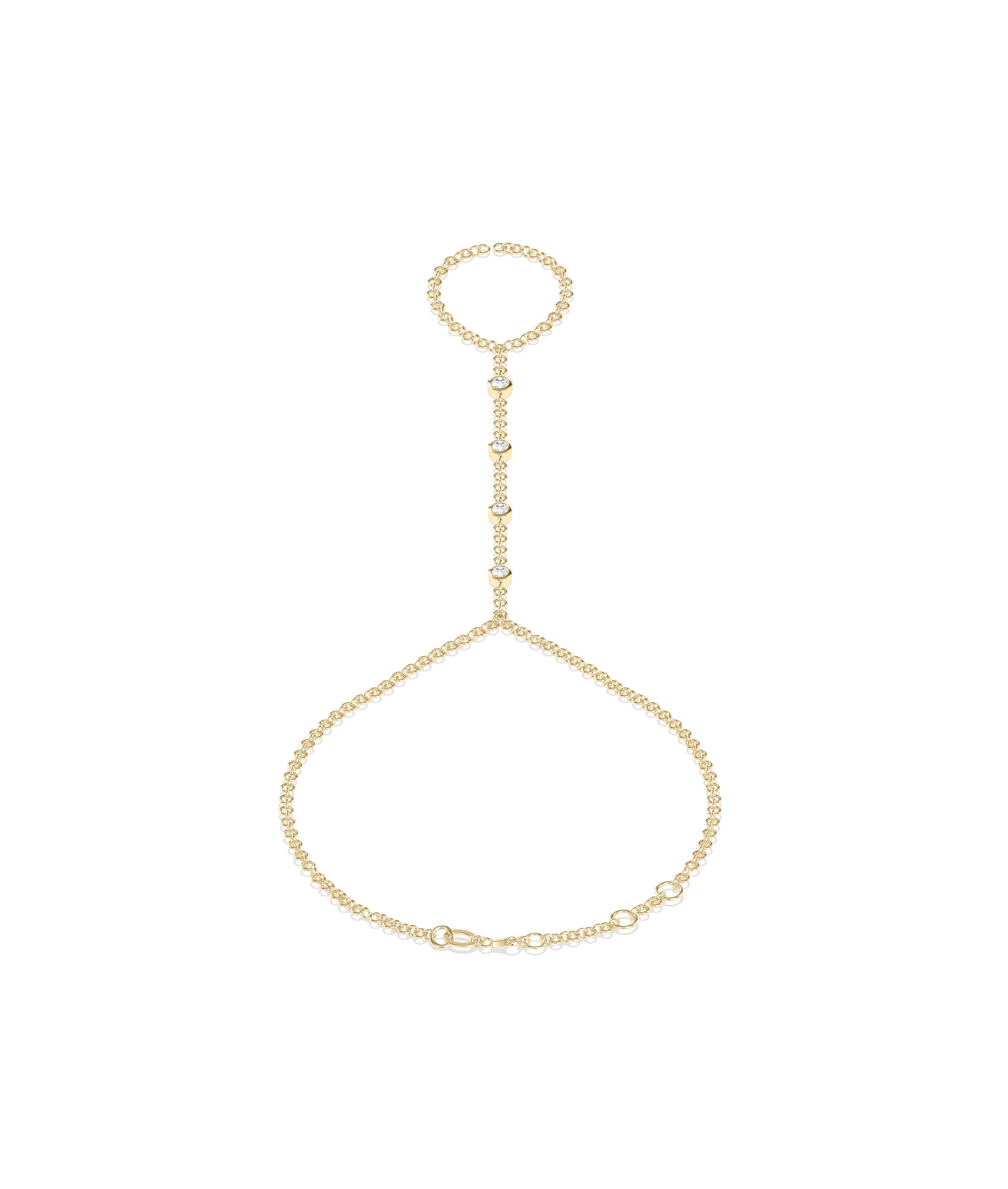 14k yellow gold hand chain with bezel-set diamonds connecting a finger ring to a wrist bracelet