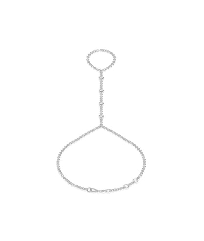 Silver chain hand bracelet with finger ring and bezel-set crystal stations
