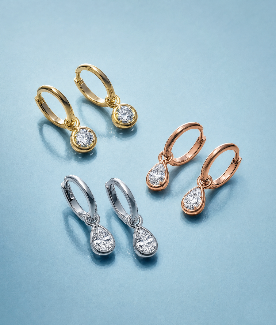 Round bezel set diamond dangle earrings in 14K solid gold