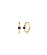 Bezel set solitaire hoop earrings in 14K yellow gold with amethyst gemstone