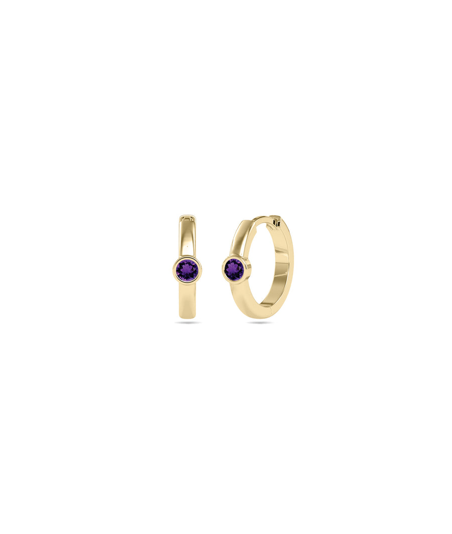 Bezel set solitaire hoop earrings in 14K yellow gold with amethyst gemstone
