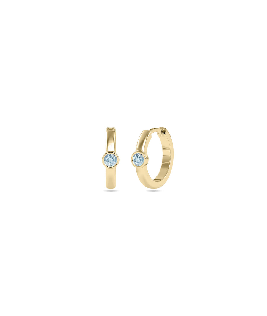 Bezel set solitaire hoop earrings in 14K yellow gold with aquamarine gemstone