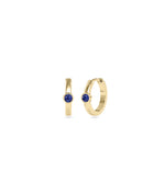 Bezel set solitaire hoop earrings in 14K yellow gold with blue sapphire