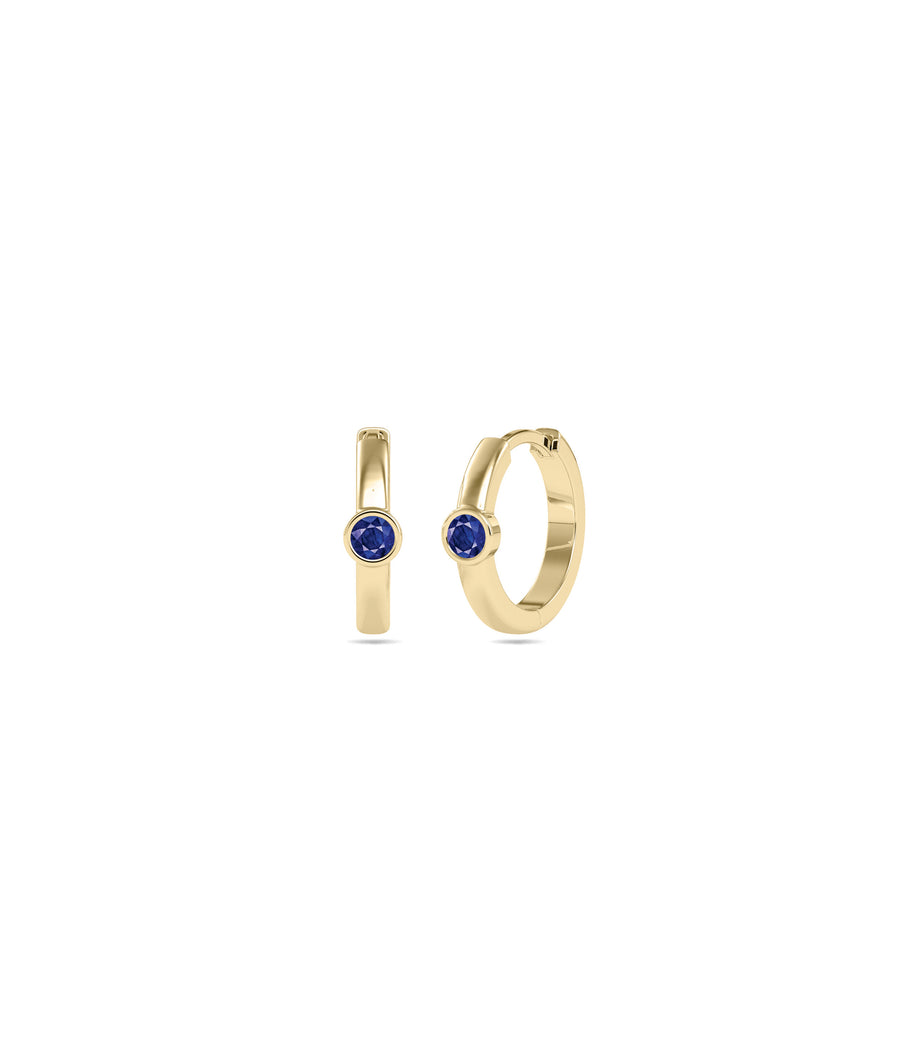 Bezel set solitaire hoop earrings in 14K yellow gold with blue sapphire