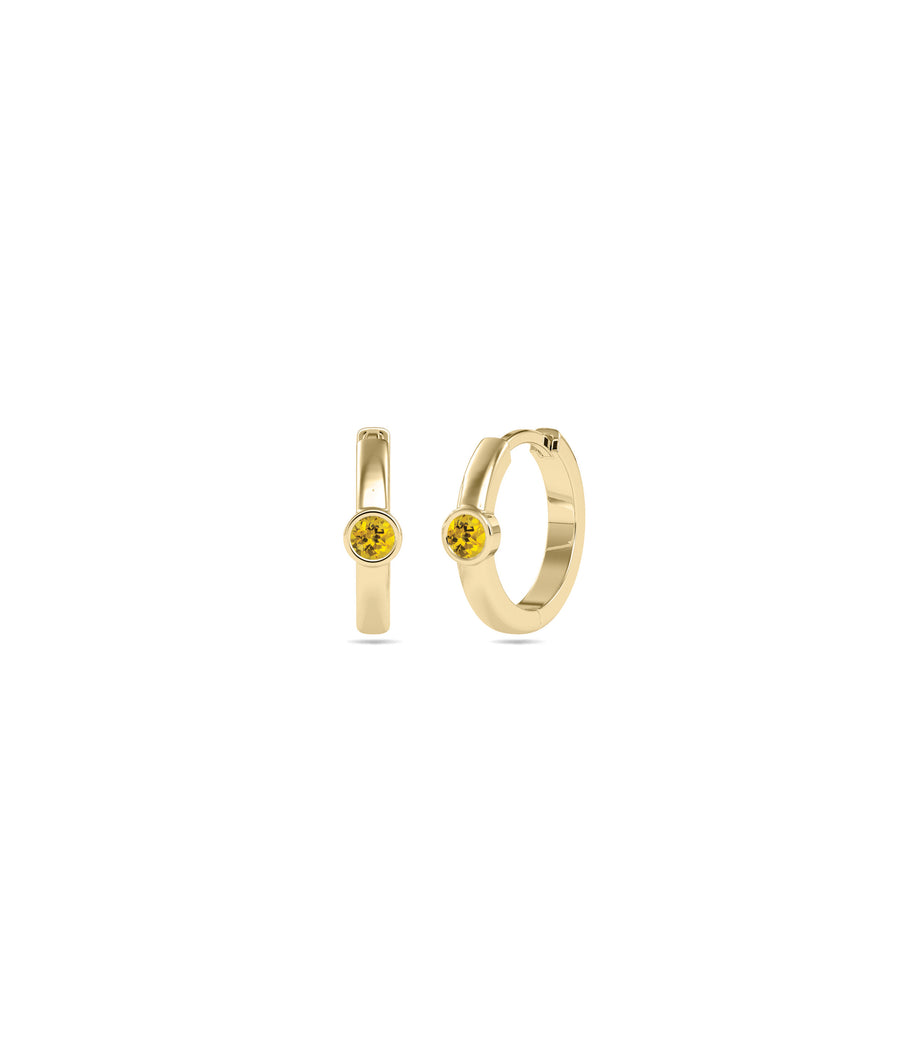 Bezel set solitaire hoop earrings in 14K yellow gold with citrine gemstone