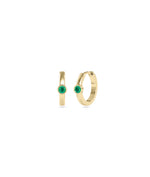 Bezel set solitaire hoop earrings in 14K yellow gold with emerald gemstone