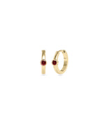 Bezel set solitaire hoop earrings in 14K yellow gold with garnet gemstone