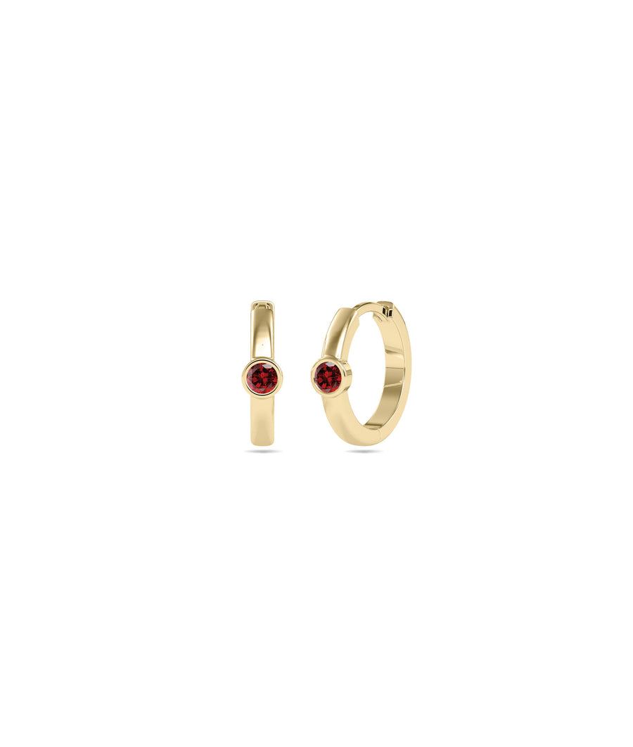 Bezel set solitaire hoop earrings in 14K yellow gold with garnet gemstone