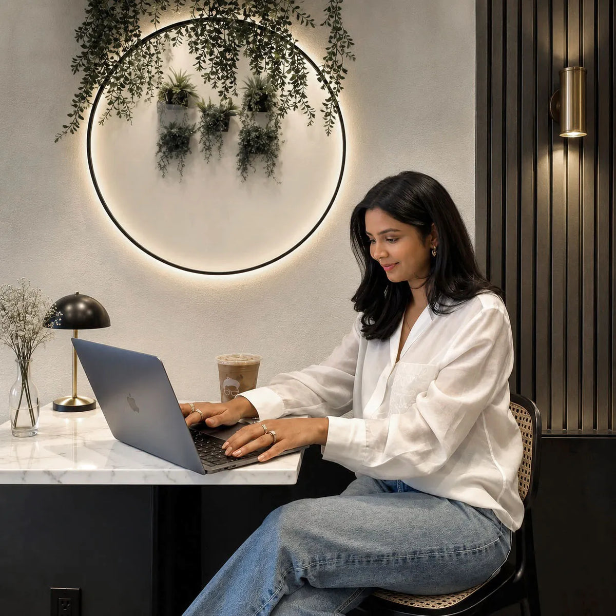 Woman using a laptop at a desk with a decorative wall and plant in the background