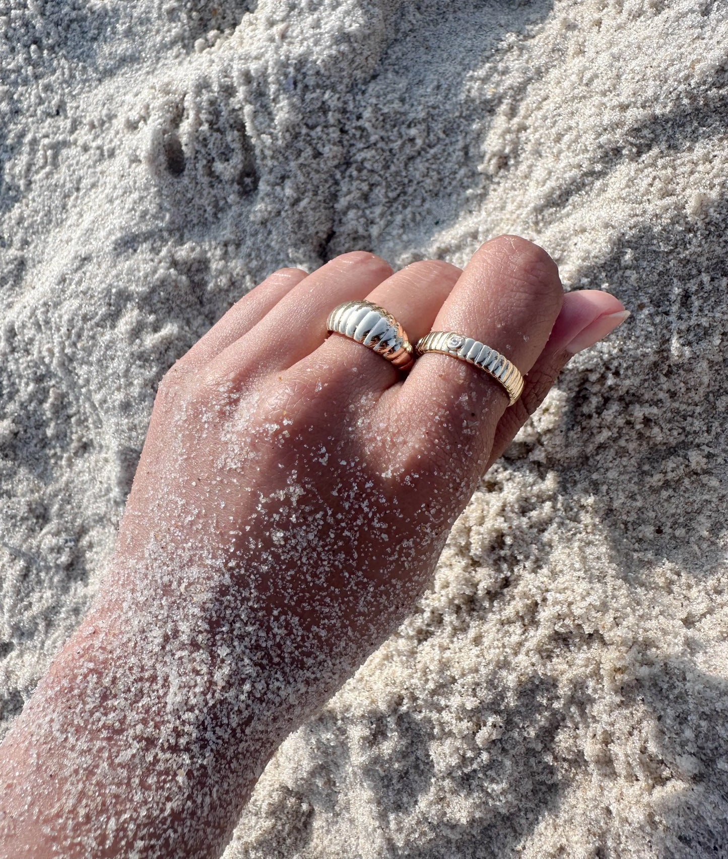 Diamond Station Fluted Band Ring worn on hand displaying textured dimensional beauty