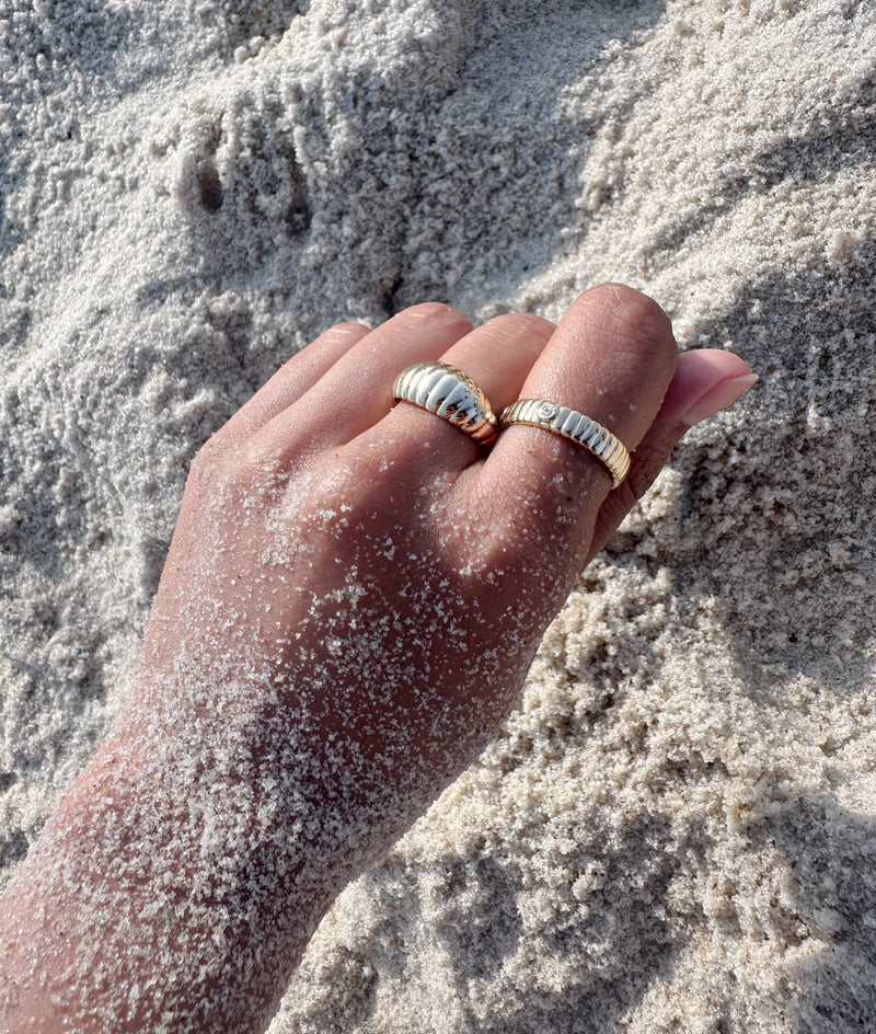 Diamond Station Fluted Band Ring worn on hand displaying textured dimensional beauty