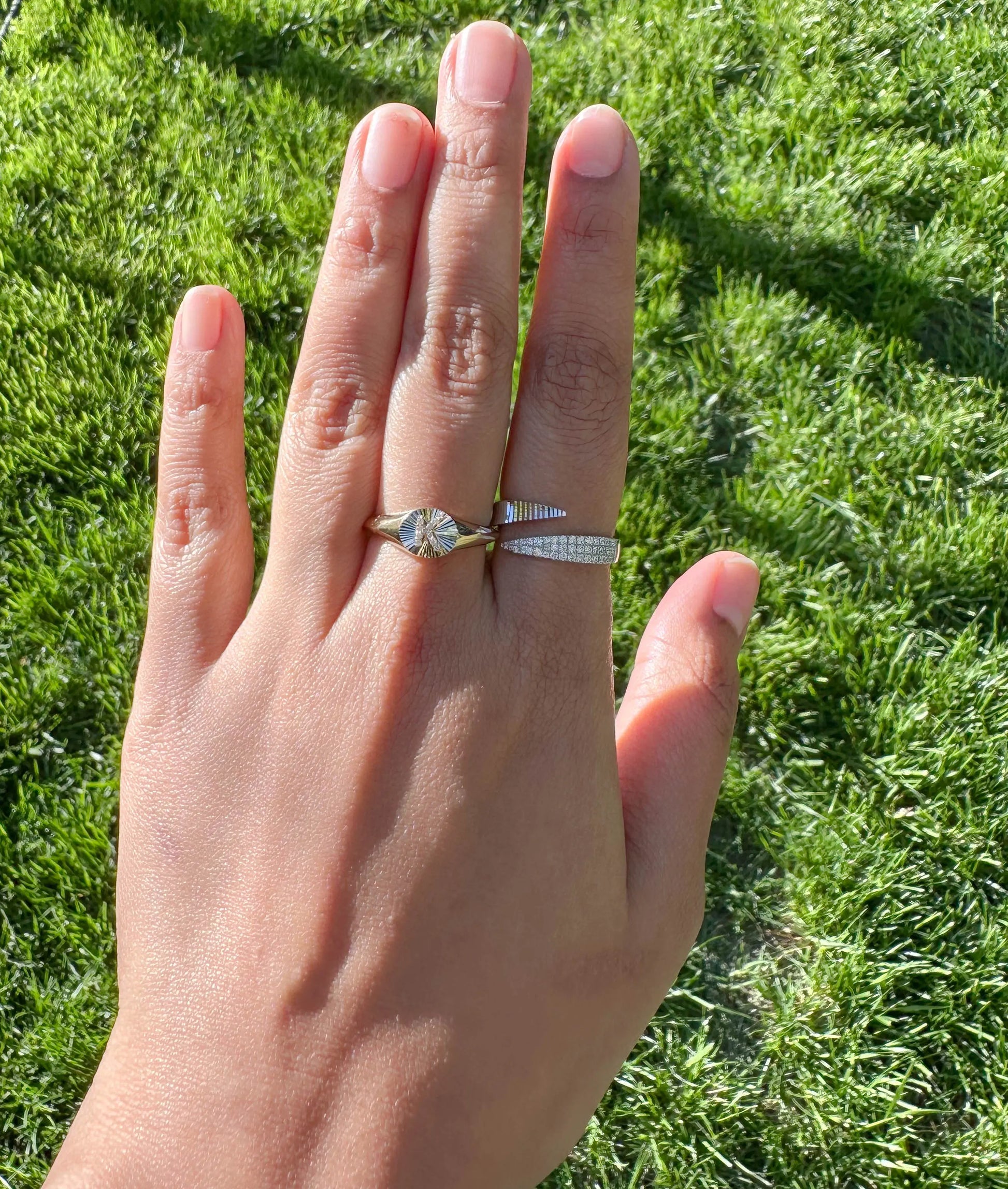 Custom Diamond Initial Fluted Circle Signet Ring worn display