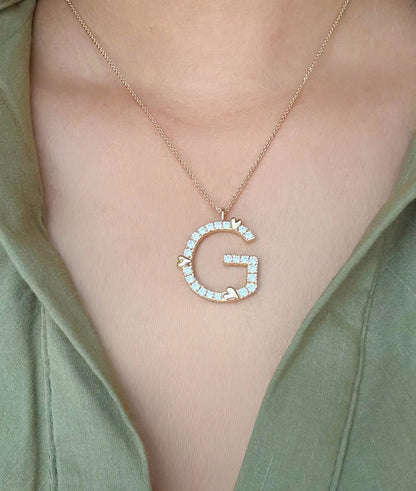 Bold Diamond Pave Initial with Gold Heart 0.50 Cttw on model