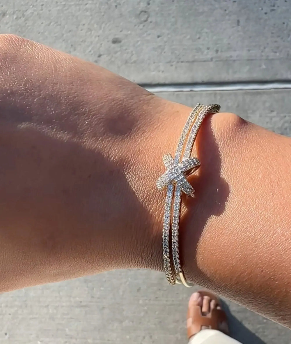 2 Row Diamond Criss Cross Flex Cuff Bangle on wrist display