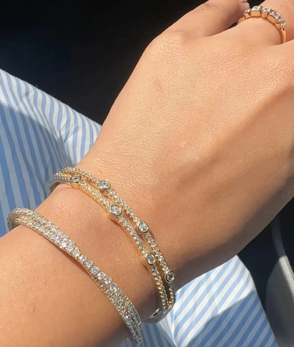 Double-row station bangle with diamonds fashion presentation