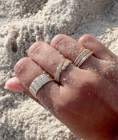 Wide Station Diamond Fluted Band Ring worn on hand displaying commanding bold presence