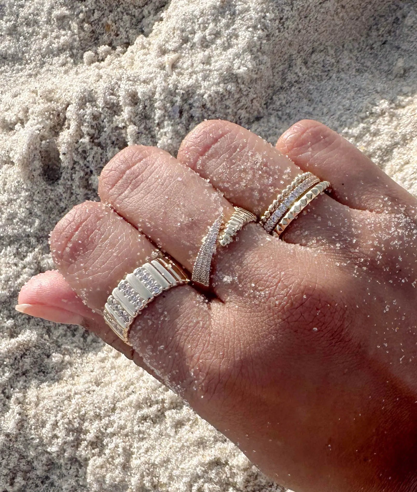 2 Row Diamond Band Ring worn on hand displaying amplified double sparkle