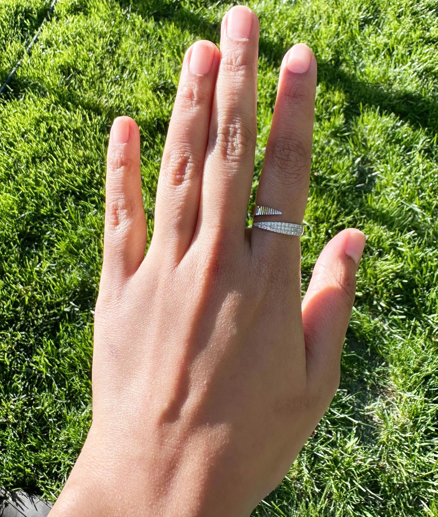 Diamond Pave Fluted Bypass Ring worn elegant finger display