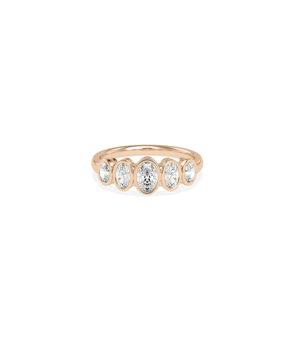 Rose gold 5 Stone Graduating Bezel Set Oval Diamond Band Ring with size progression