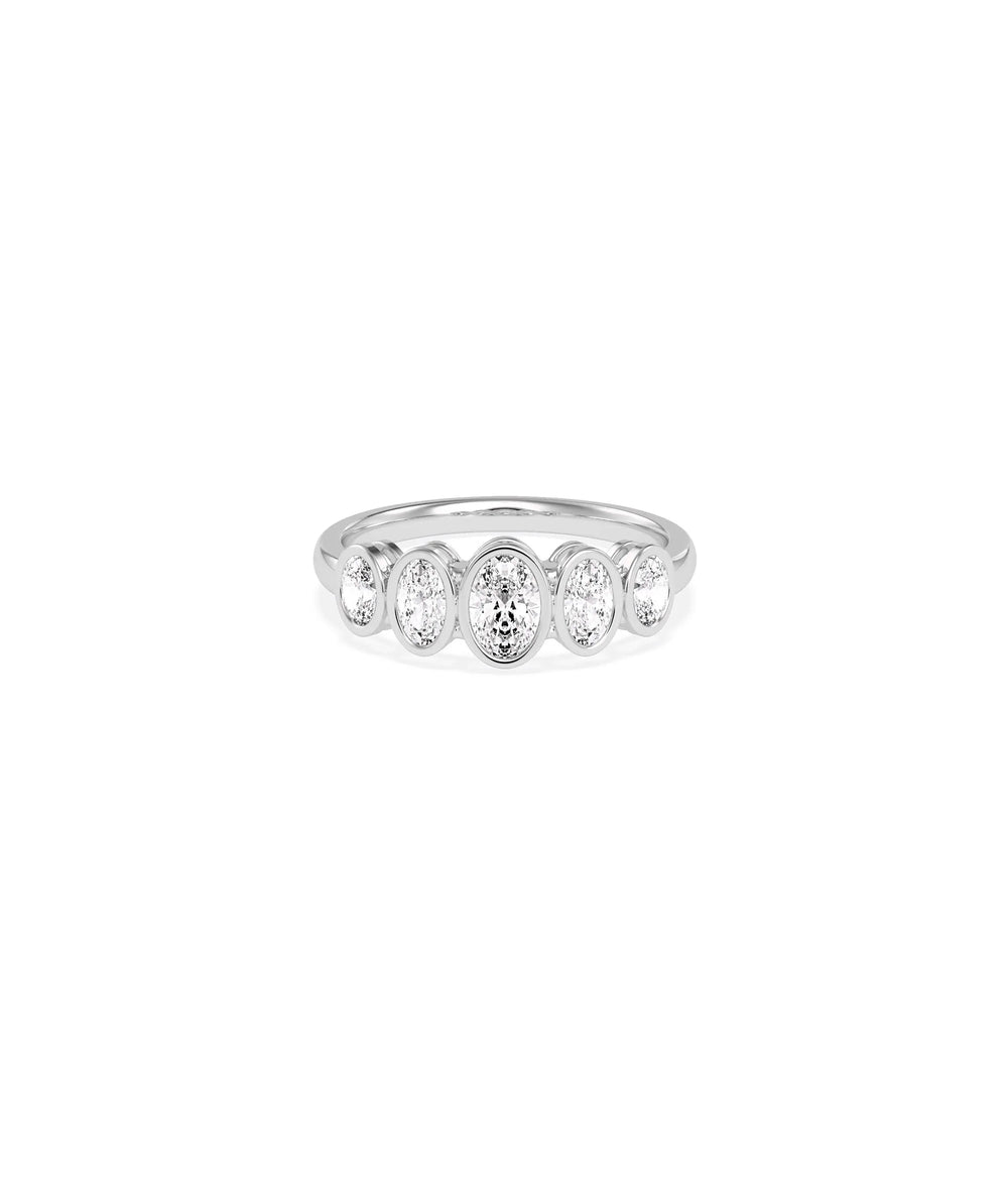 White gold 5 Stone Graduating Bezel Set Oval Diamond Band Ring featuring bezel frames