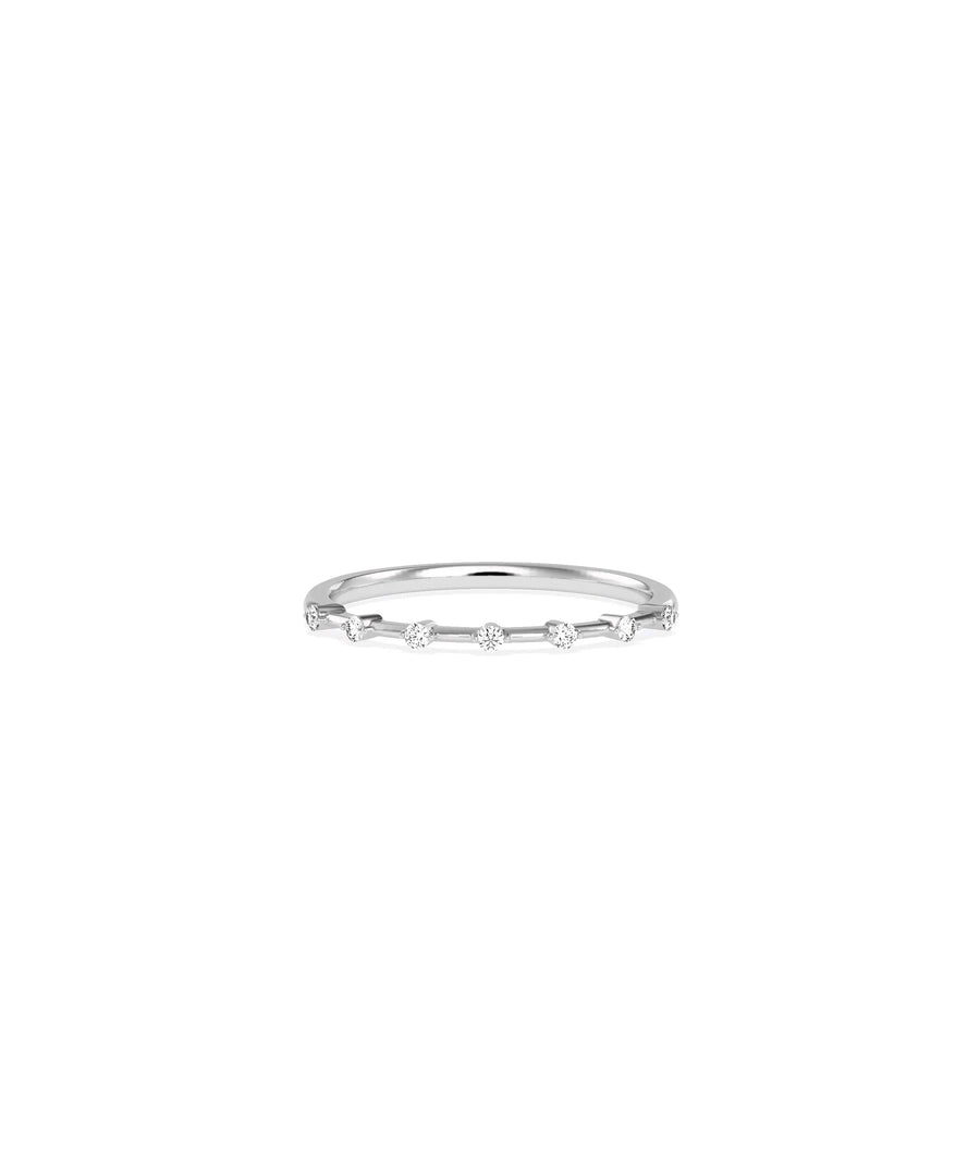 5 Stone Station Diamond Band Ring worn on finger showing slim 1.50mm profile and sparkle