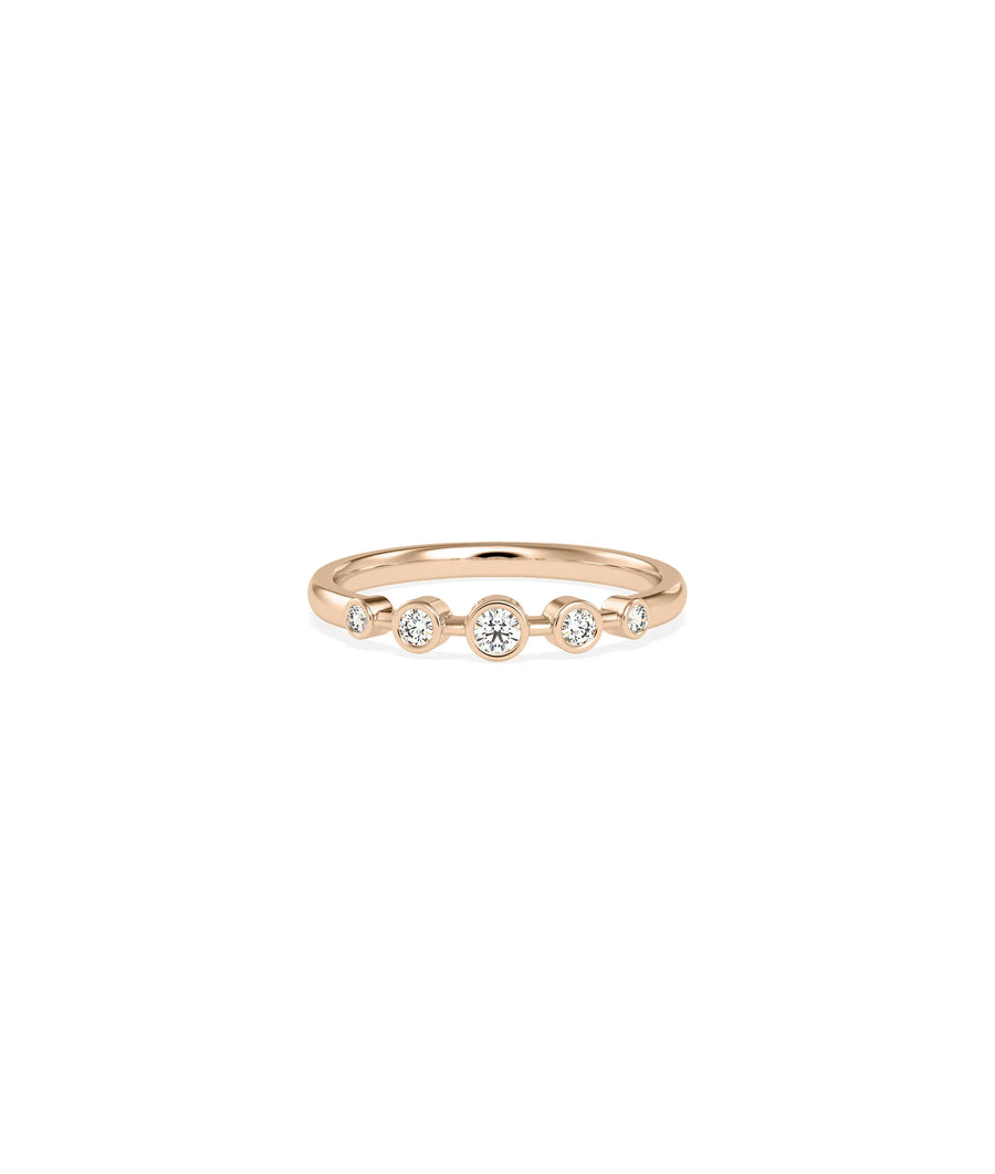 Detail of 5 Stone Bezel Set Graduating Diamond Band Ring showing graduated sizing and gold finish