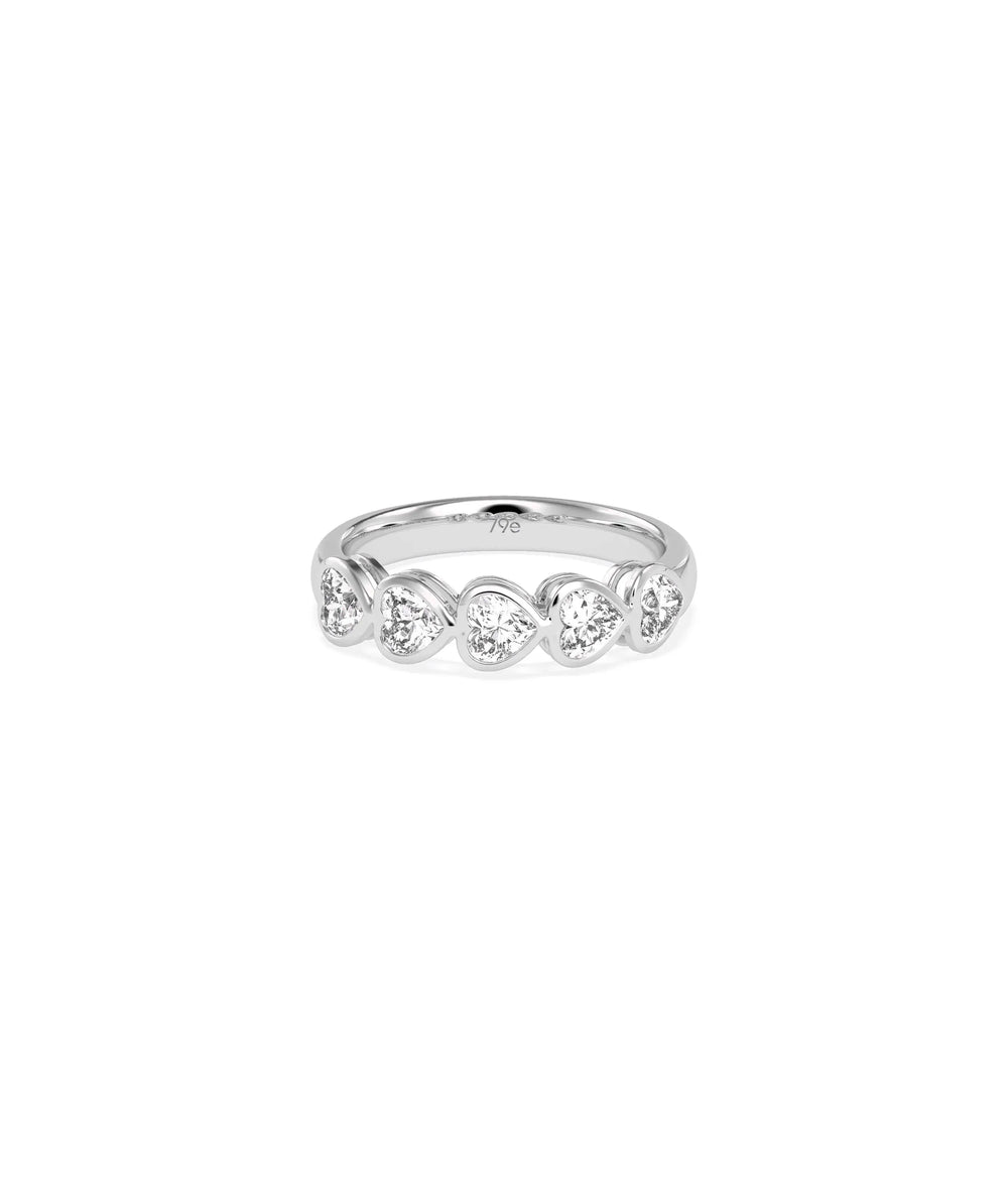 White gold 5 Stone Heart Shape Diamond Band Ring featuring romantic five hearts