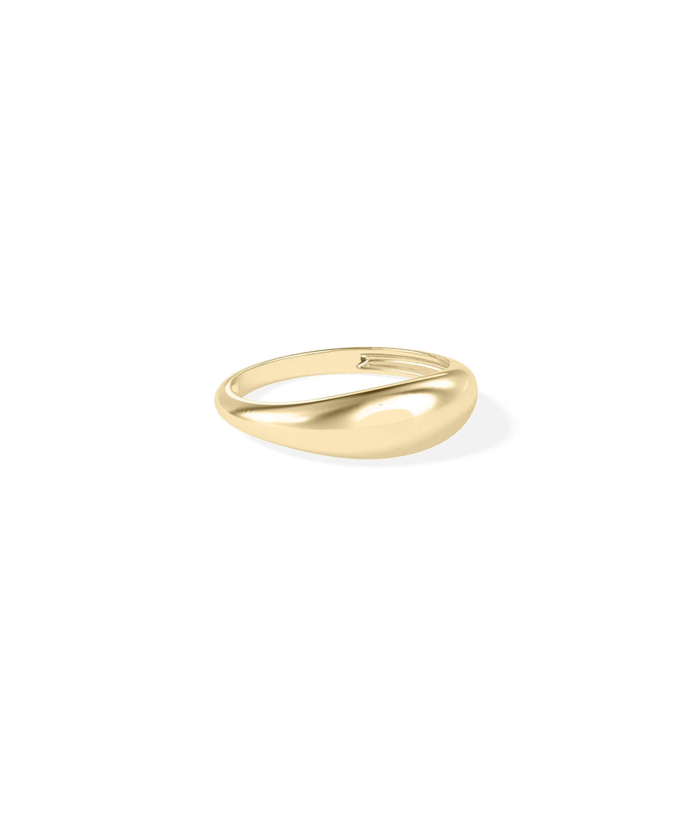 Side view Gold Dome Ring showing 6mm width and smooth domed silhouette