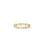 Gold bead station ring side view displaying 3mm width and intricate embellishments