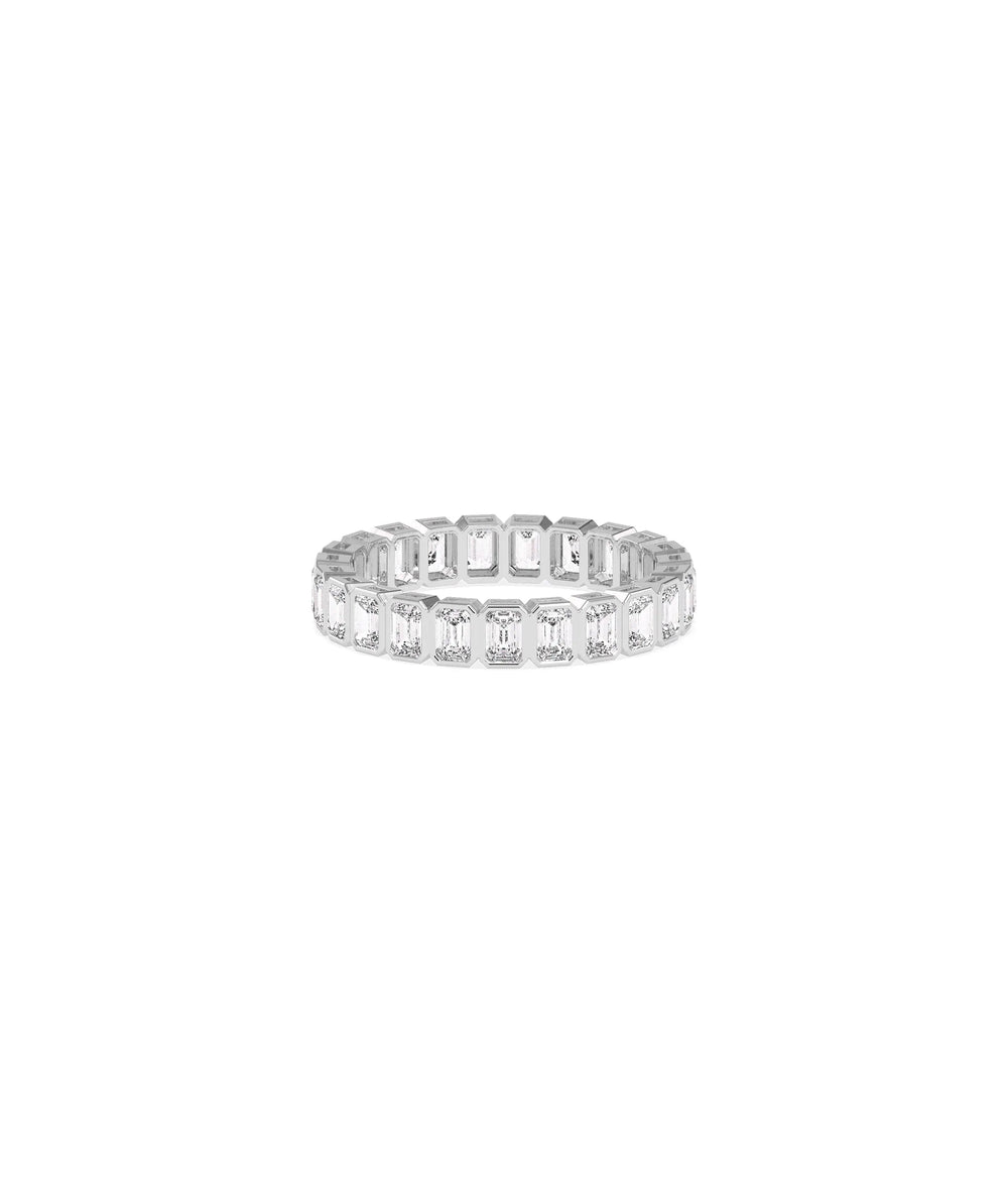 White gold Emerald Cut Diamond Eternity Band Ring featuring geometric emerald-cut circle