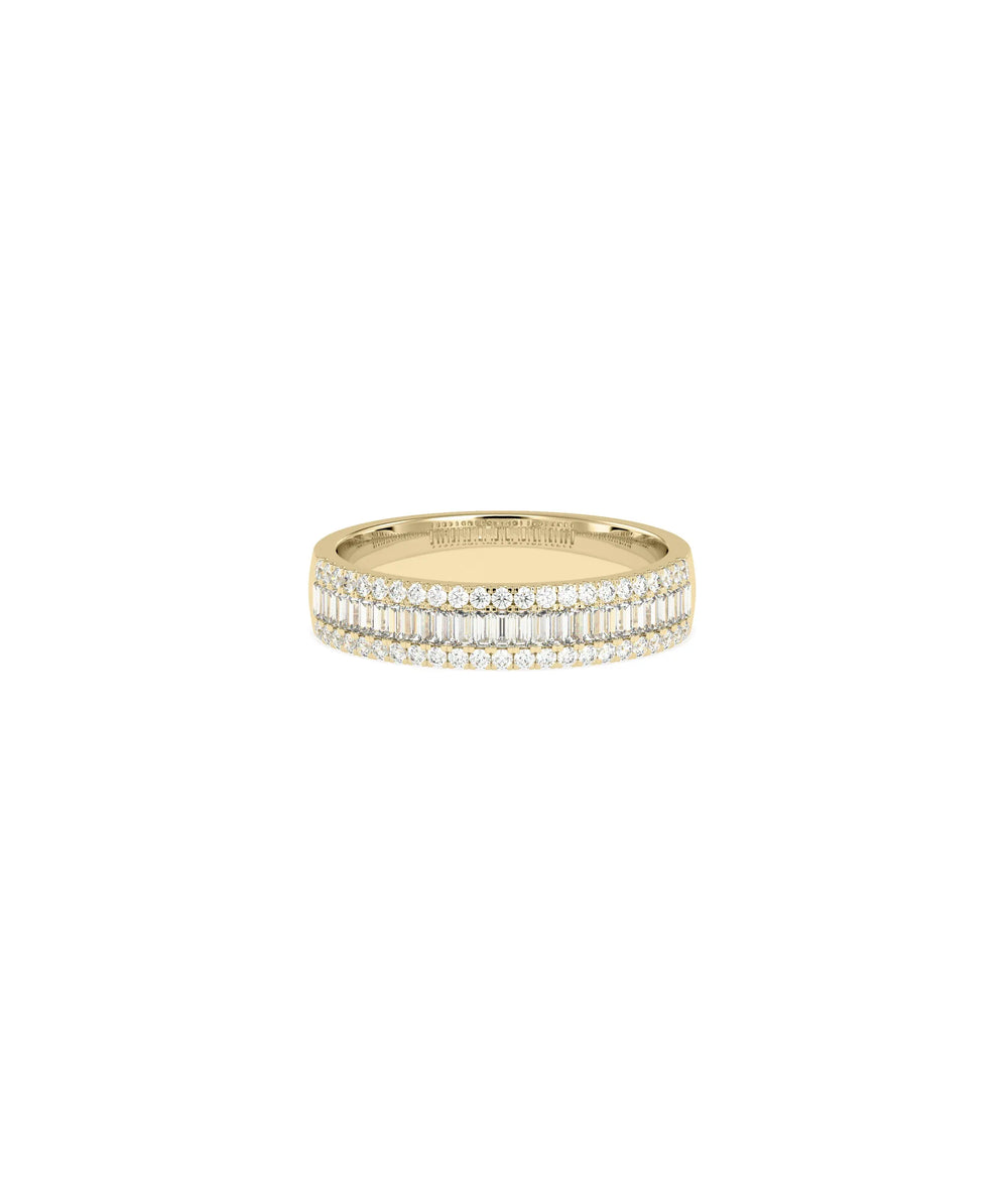 Diamond Baguette and Line Band Ring in yellow gold with mixed baguette and round diamonds