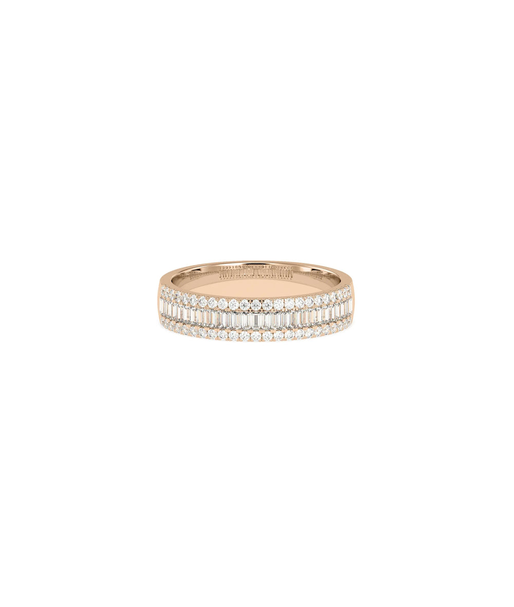 Rose gold Diamond Baguette and Line Band Ring with geometric baguette and round pattern