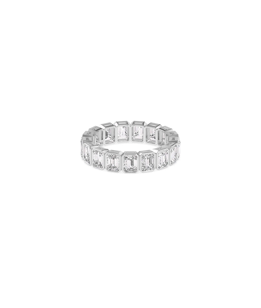 White gold Emerald Cut Eternity Band Ring featuring geometric emerald-cut circle