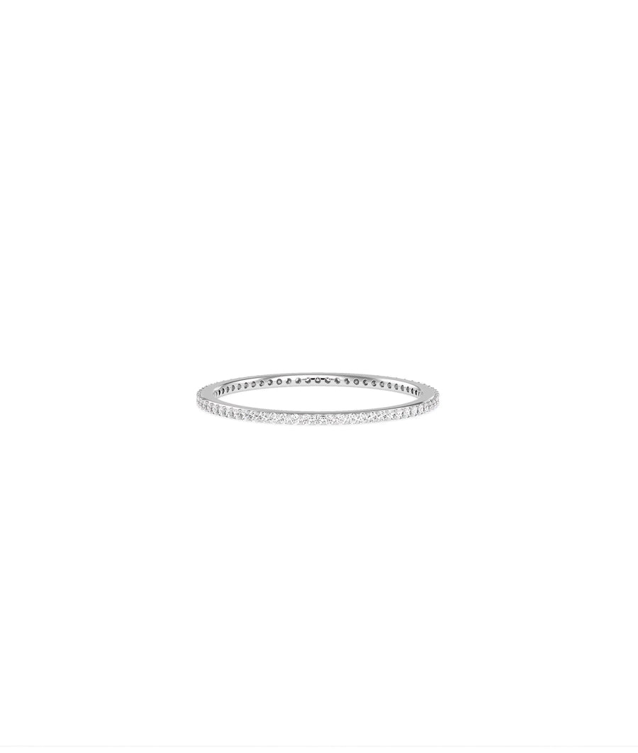 Diamond Eternity Band Ring worn on finger demonstrating delicate 1.10mm width and radiance