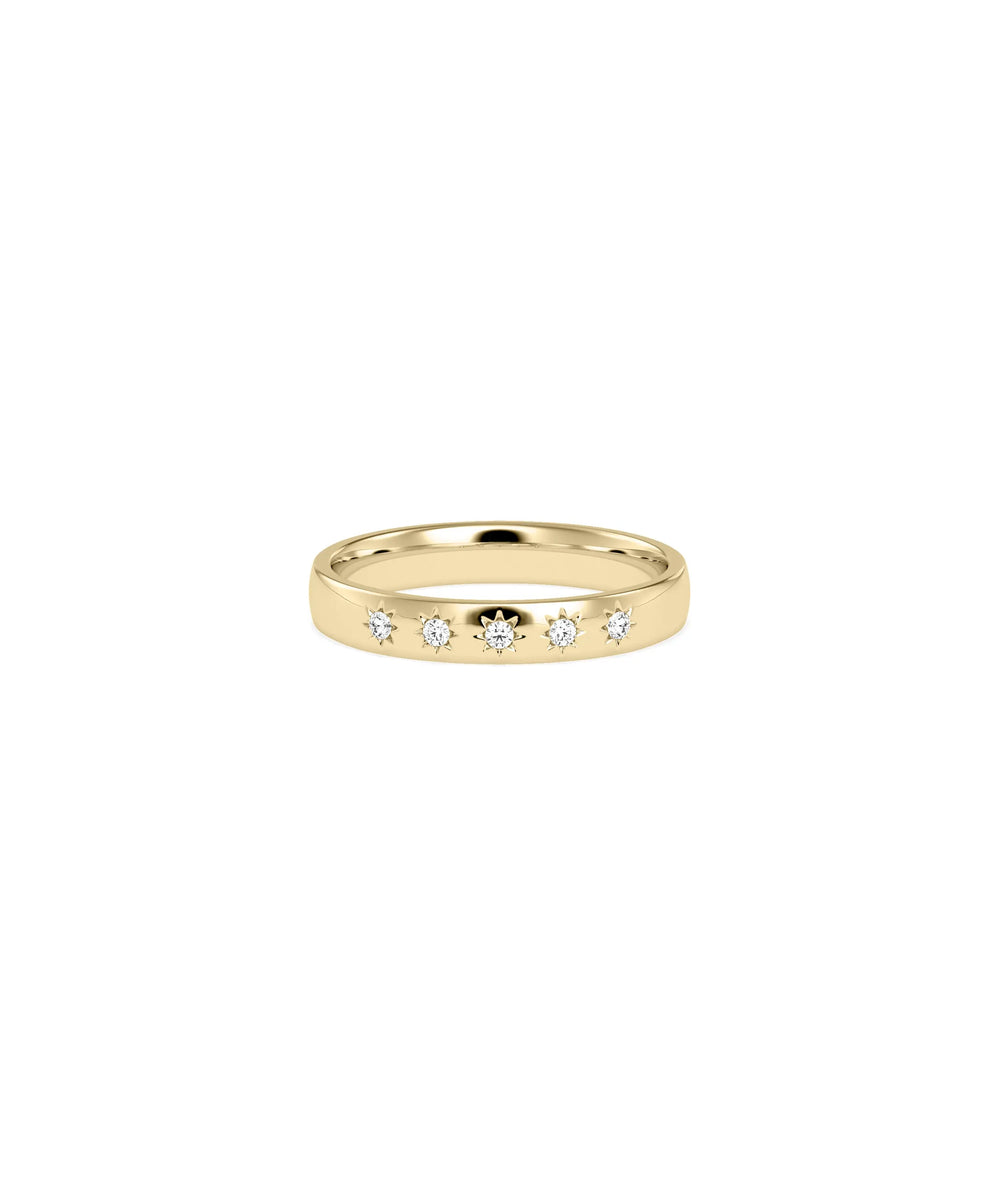 Diamond Star Burst Band Ring yellow gold front view showing radiating pattern
