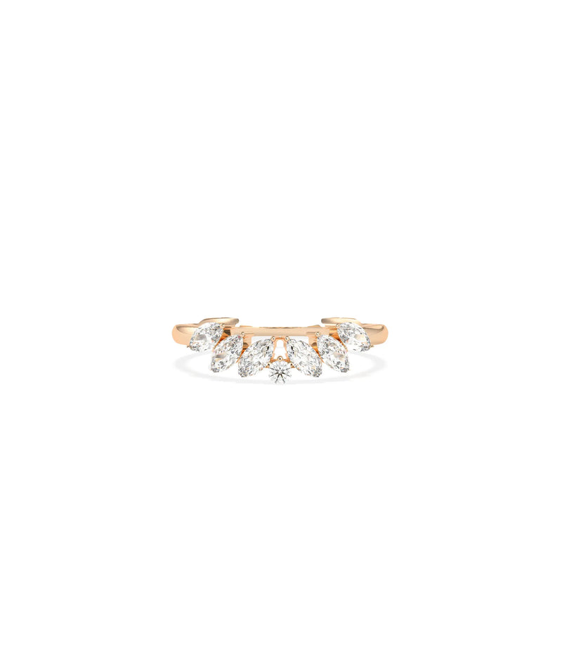 Rose gold curved band ring featuring diverse geometric cuts on organic curves